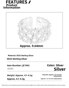 Macro detail of S925 sterling silver lace ring with 9.64mm width and size dimensions