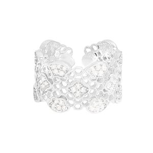 S925 sterling silver wide honeycomb mesh ring with sparkling clover zircon details