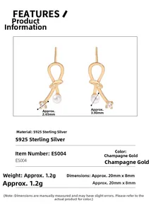 Detail view of S925 silver bow earrings with champagne gold finish, pearl and zircon accents