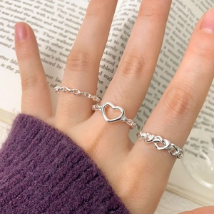 Three-piece S925 sterling silver ring set with heart chain and twist braid designs