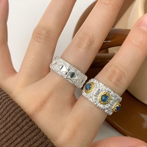 S925 sterling silver lace texture wide rings with blue gemstones on hand