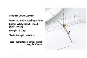 Detailed macro shot of a golden rose pendant on an S925 sterling silver chain necklace