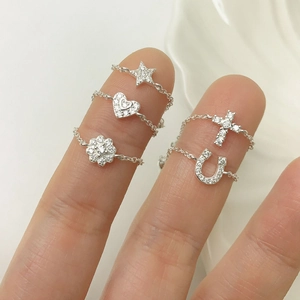 Set of five S925 sterling silver chain rings with sparkling zircon heart and star charms