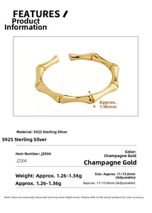 Détail du poinçon argent S925 et du fini texturé bambou en couleur doré champagne
