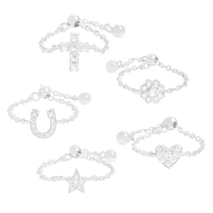 Adjustable S925 silver rings set with zircon heart, star, flower and cross charms