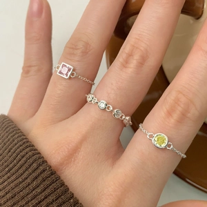 Three-piece stackable S925 silver chain rings with pink, yellow, and clear zircon stones