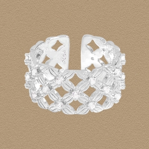 Retro S925 Sterling Silver Hollow Lattice Open Ring For Women Rhinestone Wide Band Adjustable Fashion Jewelry