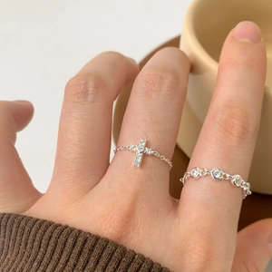 Minimalist S925 sterling silver chain rings with cross pendant and zircon inlay