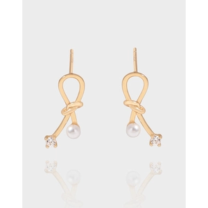 Bow Knot Artificial Pearl Stud Earrings With 925 Sterling Silver Earring Post Zircon Inlaid Gold Plated Elegant Jewelry For Women