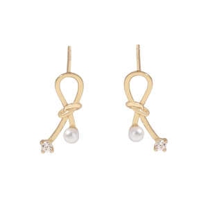 Elegant gold bow earrings with S925 silver needles, white pearls and clear zircon accents