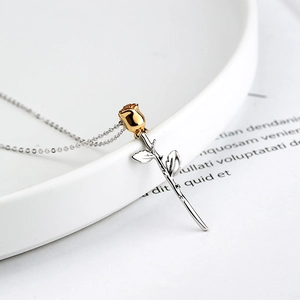 Elegant S925 silver 3D rose flower pendant necklace with golden petal and silver chain