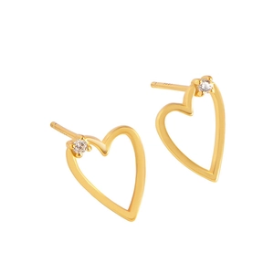 Minimalist 925 sterling silver heart stud earrings with zircon in golden finish
