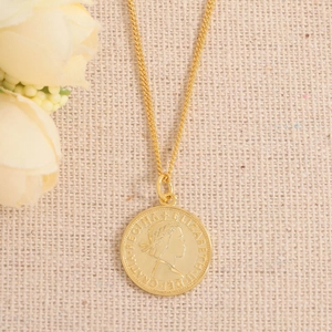 Élégant collier en argent S925 doré avec pendentif pièce portrait Reine Elizabeth II