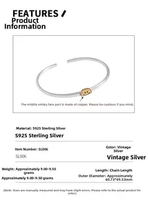 Macro detail of S925 sterling silver smile face bangle with product size and weight specs