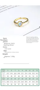 Size guide for S925 sterling silver moonstone ring with adjustable twisted band detail