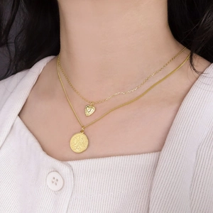Colliers superposés en argent S925 doré avec pendentifs cœur et pièce de monnaie vintage