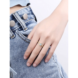 Minimalist S925 sterling silver open ring featuring a round moonstone on a beaded gold band
