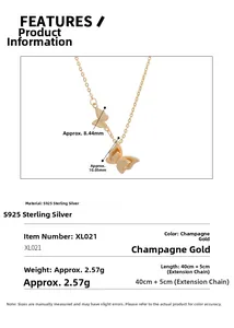 Macro detail of S925 sterling silver butterfly pendant with champagne gold finish
