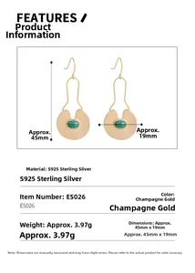 Detailed specs of champagne gold S925 silver hook earrings with green malachite stone