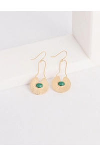 Macro detail of gold-plated drop earrings featuring green malachite stones in white setting