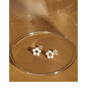 Detailed view of S925 sterling silver flower earrings with white enamel petals in a glass dome