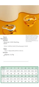 Size chart for S925 sterling silver ring with inner diameter and circumference specs