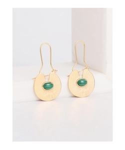Detail of gold drop earrings featuring radial brushed texture and green malachite stones