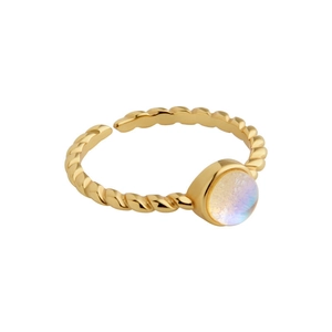 Minimalist adjustable gold twisted band ring with a round moonstone for women