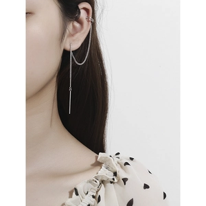 Minimalist S925 sterling silver chain earrings with integrated ear cuff and drop bar