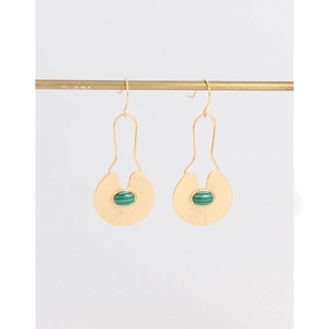 Minimalist S925 sterling silver drop earrings with golden disc and green malachite stone