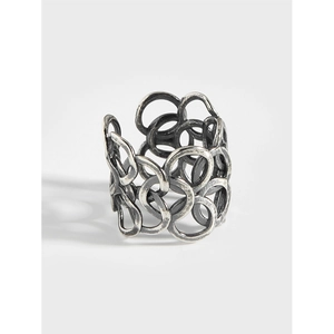 925 Sterling Silver Vintage Intertwined Circle Open Ring For Women Minimalist Distressed Hollow Band Adjustable Fashion Finger Jewelry