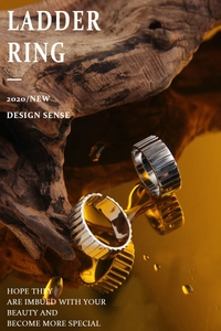 Macro shot of ladder ring with vertical groove texture on a dark wood background
