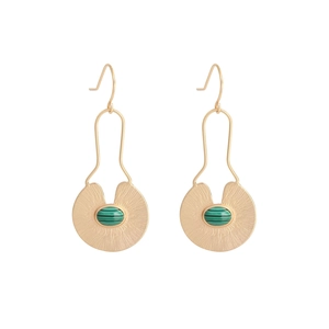 Minimalist S925 silver gold drop earrings with green malachite gemstone in radial design