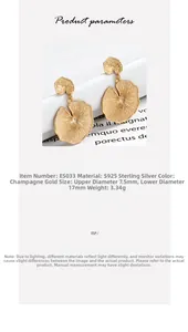 Detailed specs for champagne gold S925 sterling silver lotus leaf earrings with dimensions