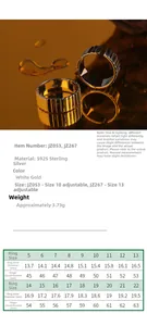 Size chart for S925 sterling silver ring showing inside diameter and finger circumference