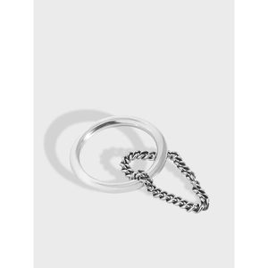 Anello in Argento Sterling 925 a Catena per Donna Vintage Antico Ossidato a Doppio Strato Geometrico Minimalista Gioielli