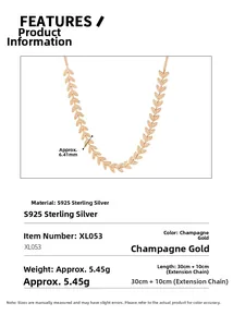 Detail showing S925 sterling silver leaf necklace dimensions 30cm plus 10cm chain