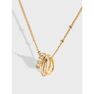 925 Sterling Silver Three Interlocking Circles Pendant Necklace Gold Plated Rhinestone Satellite Chain Jewelry For Women
