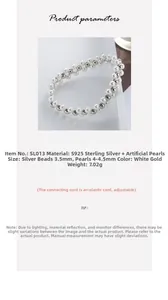 Detailed specs of S925 sterling silver beaded bracelet with elastic cord and pearls