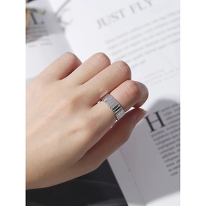Minimalist wide S925 sterling silver open ring with vertical rectangular stepped facets
