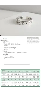 Detailed sizing chart for vintage 925 sterling silver star moon smile adjustable ring