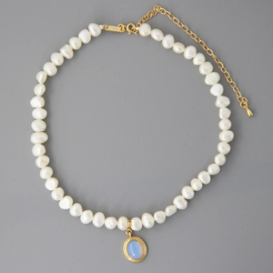 Artificial Baroque Pearl Necklace Moonstone Pendant 925 Sterling Silver Gold Plated Irregular Artificial Pearl Choker For Women Elegant Jewelry