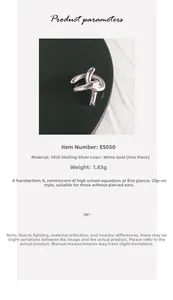 Detail view of S925 sterling silver X-shaped ear cuff with product parameters listed