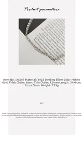 Detailed specs for S925 sterling silver double layer cross chain necklace in platinum color
