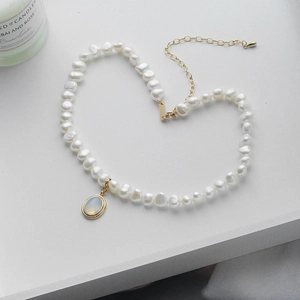 S925 sterling silver baroque pearl necklace featuring a moonstone oval pendant