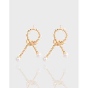 Minimalist Knot Design Artificial Pearl Stud Earrings With 925 Sterling Silver Earring Post Elegant Geometric Jewelry For Women