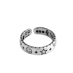 Retro S925 sterling silver open ring with vintage moon and star engraving patterns