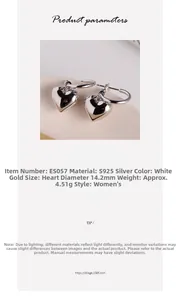Makroaufnahme der S925 Sterling Silber Herzohrringe, Maße 14,2 mm in Platinfarbe gehalten