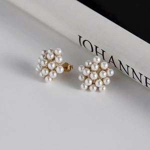 925 Sterling Silver Artificial Pearl Stud Earrings Cluster Firework Flower Design For Women Elegant Wedding Party Dainty Jewelry