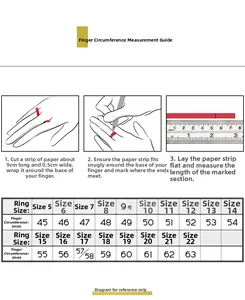 Size guide for S925 sterling silver ring showing measurement steps and conversion table